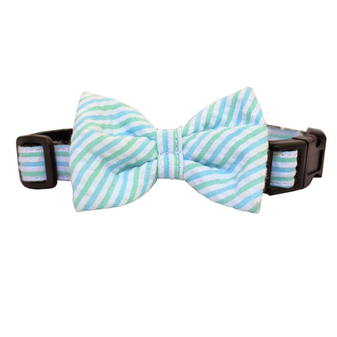 Mint & Blue Extra Small Seersucker Dog Bow Collar