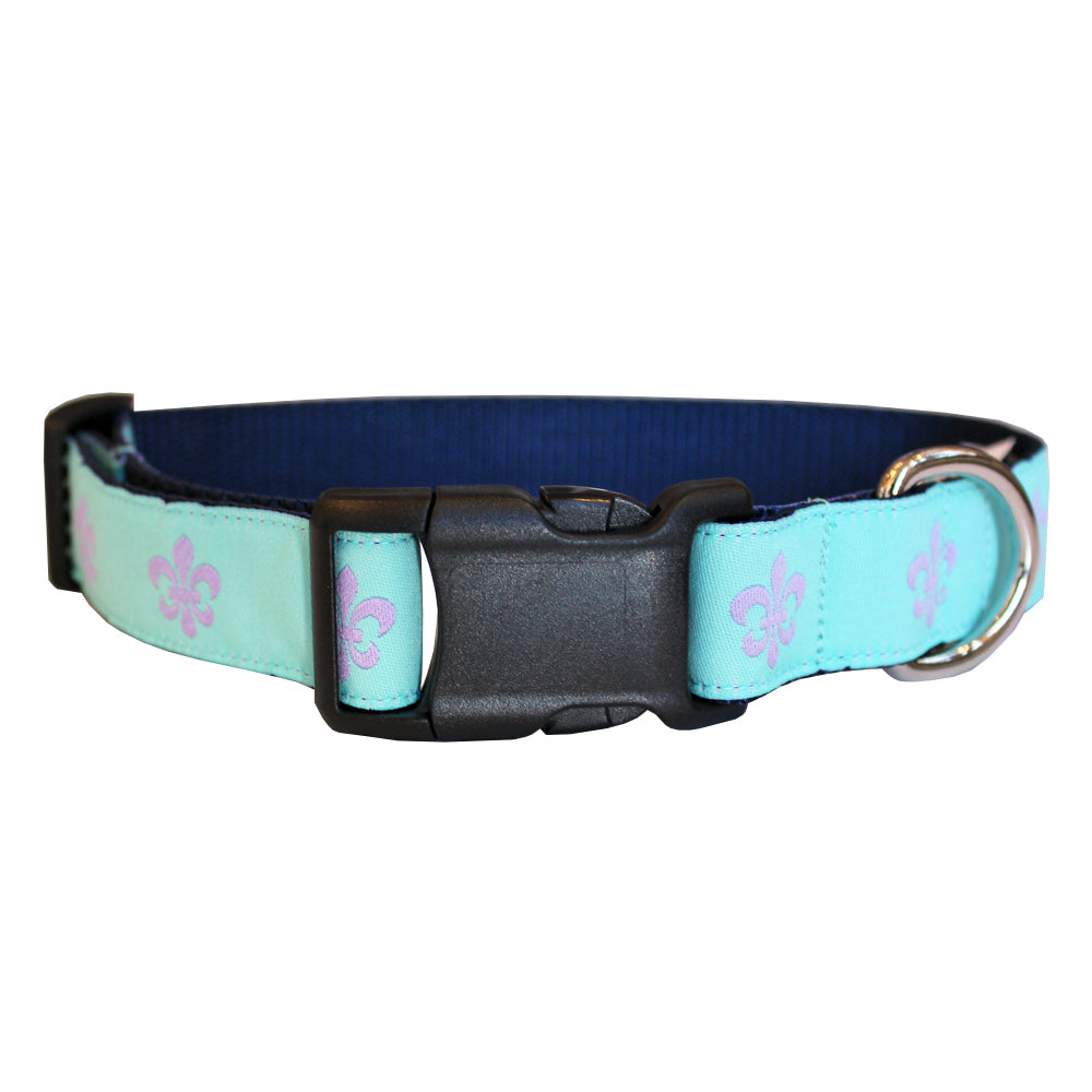 Aqua & Lavender Fleur de Lis Dog Collar