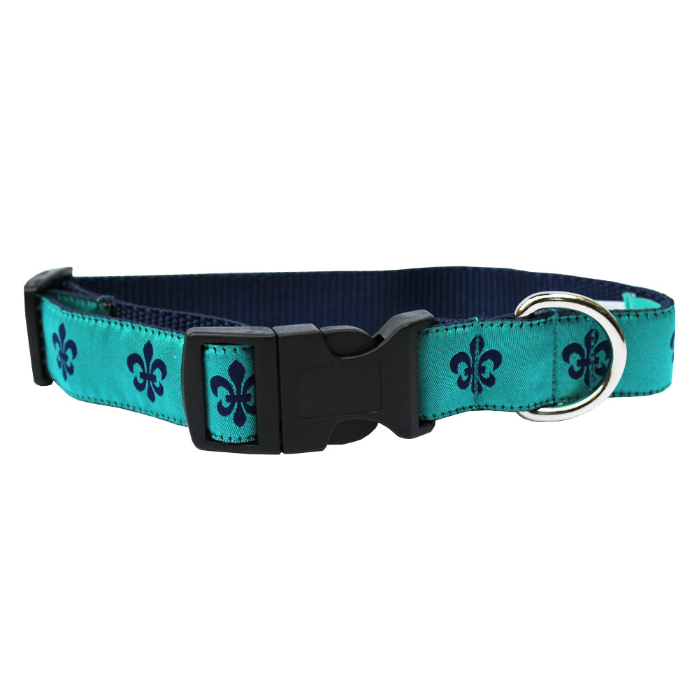 Teal & Navy Fleur de Lis Dog Collar