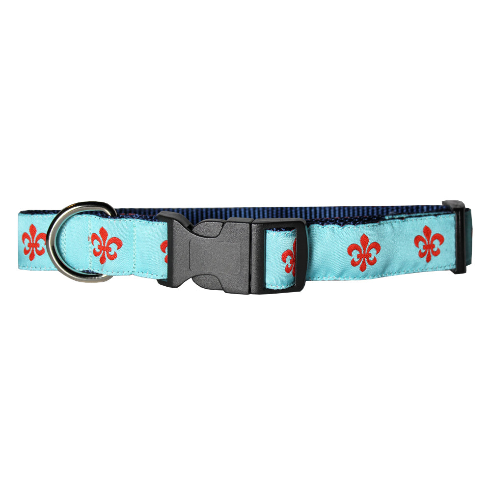 Aqua & Red Fleur de Lis Dog Collar