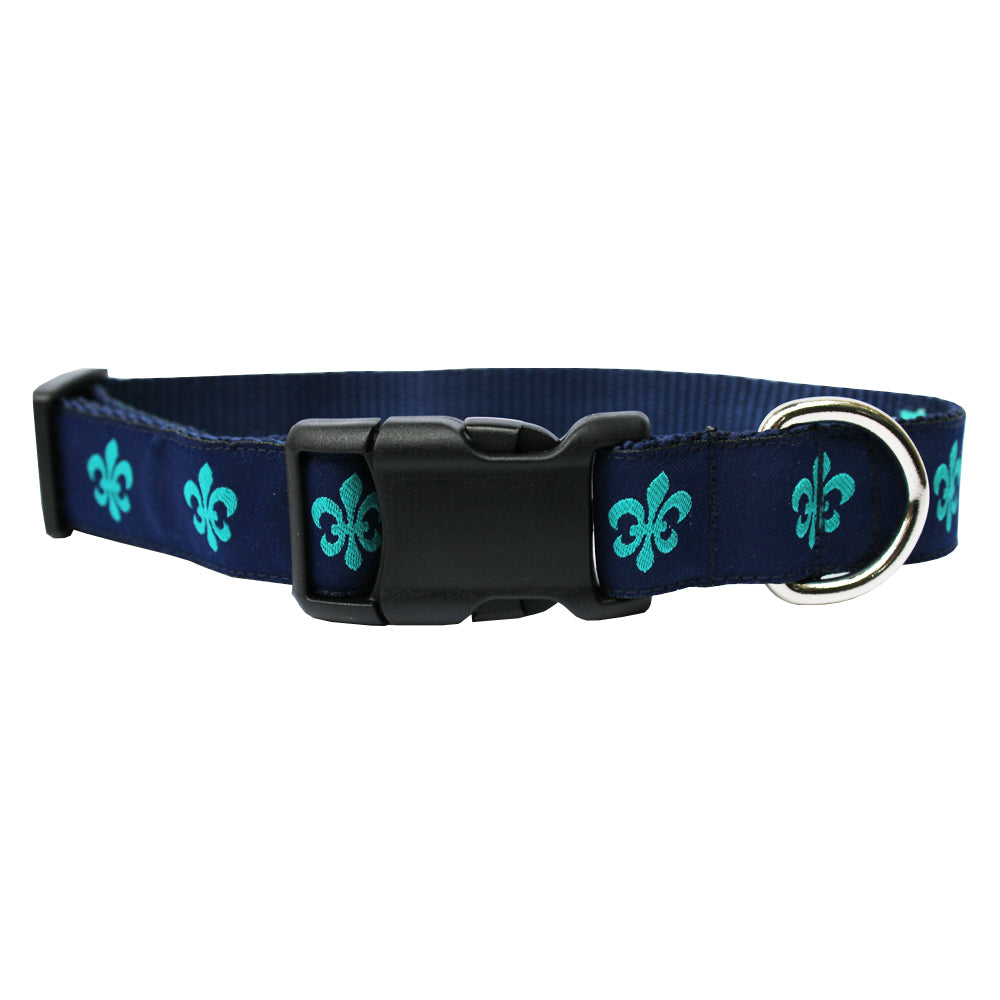 Navy & Teal Fleur de Lis Dog Collar