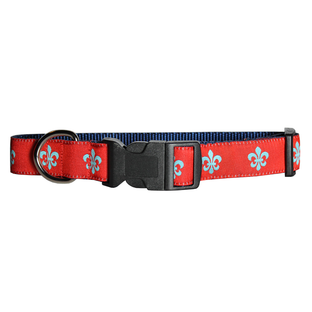 Red & Aqua Fleur de Lis Dog Collar