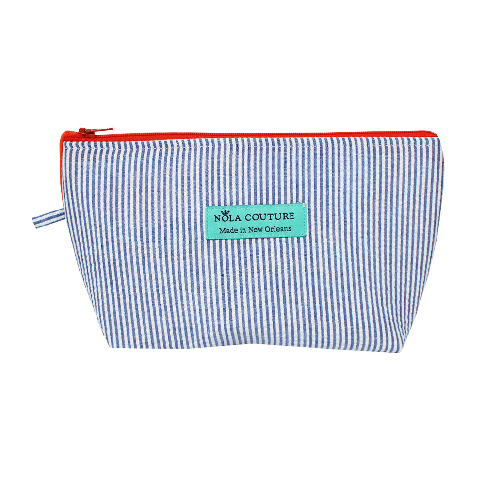 Medium Navy Seersucker Makeup Bag