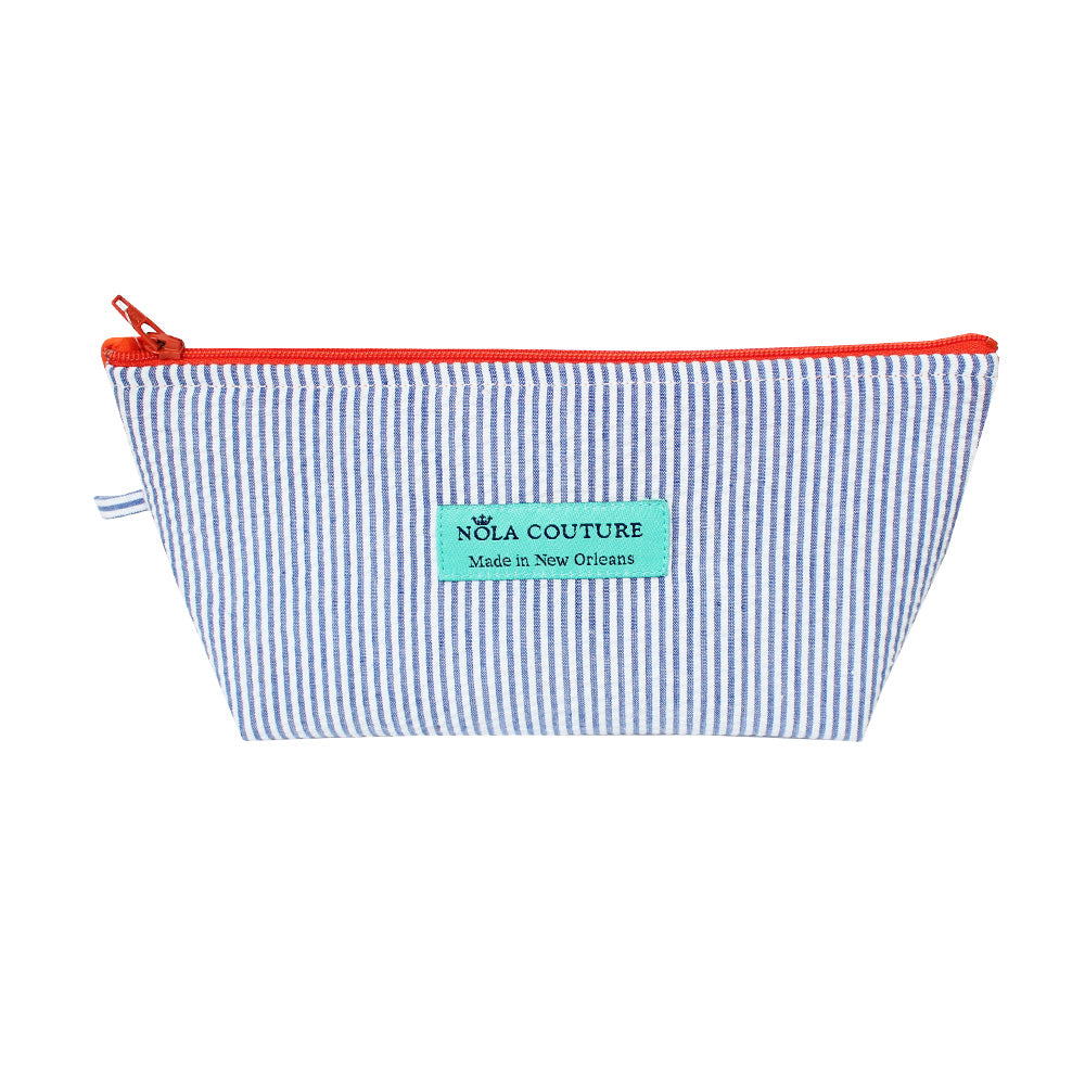 Small Navy Seersucker Makeup Bag