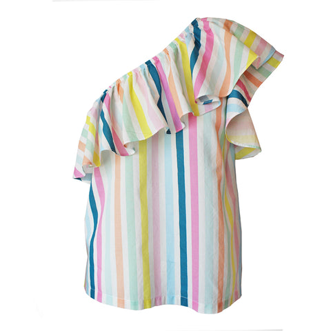 Rainbow One Shoulder Ruffle Blouse