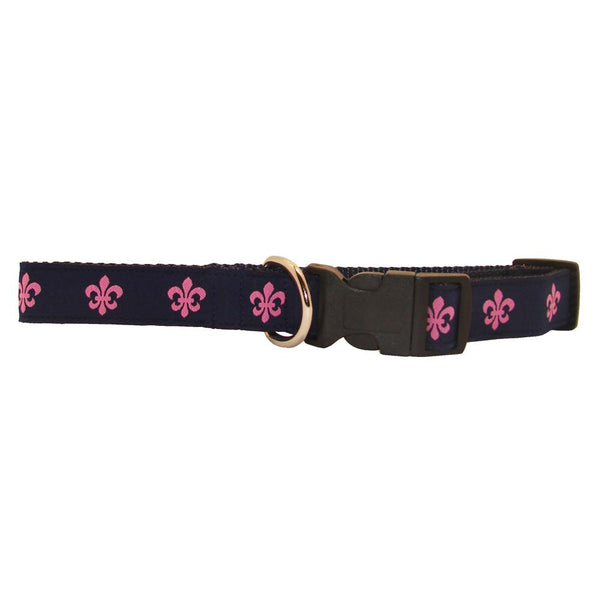 Navy & Pink Fleur de Lis Dog Collar