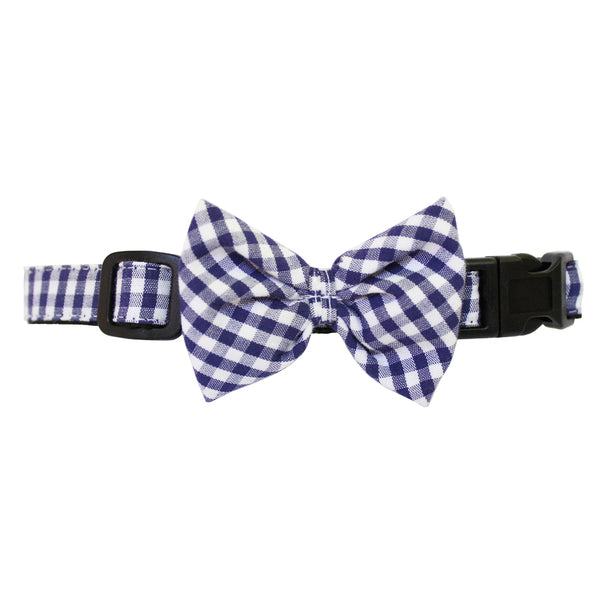 Navy Extra Small Gingham Dog Bow Collar