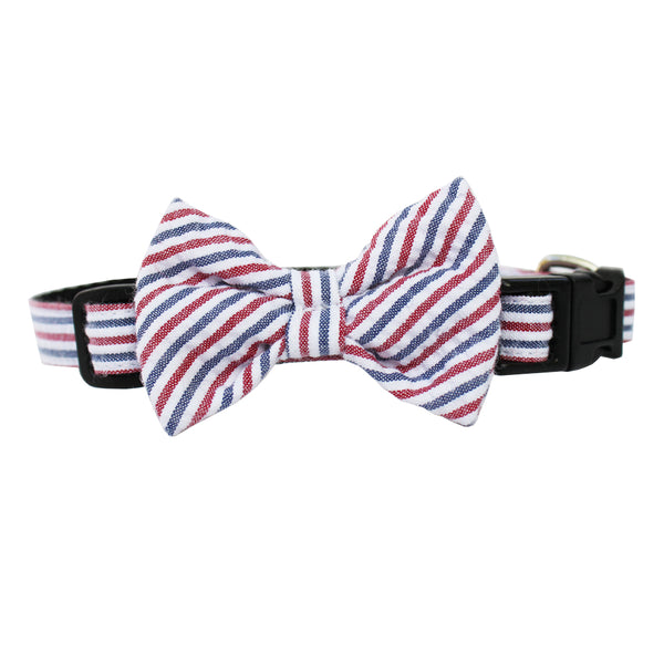 Red & Navy Extra Small Seersucker Dog Bow Collar