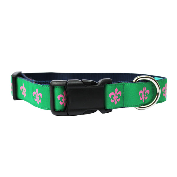 Green & Pink Fleur de Lis Dog Collar