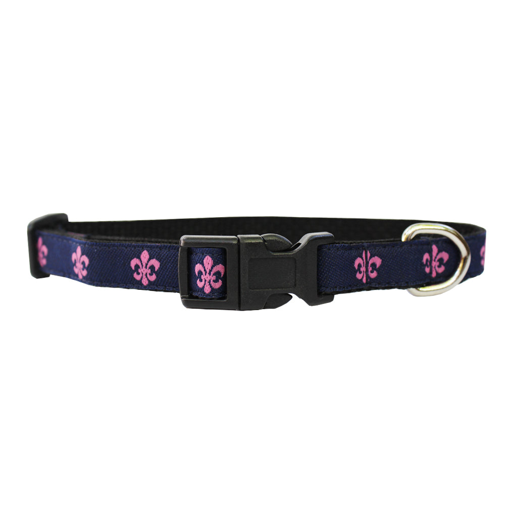 Navy & Pink Extra Small Fleur de Lis Dog Collar