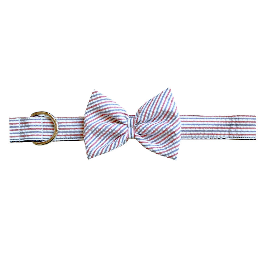 Red & Navy Seersucker Bow Tie Dog Collar