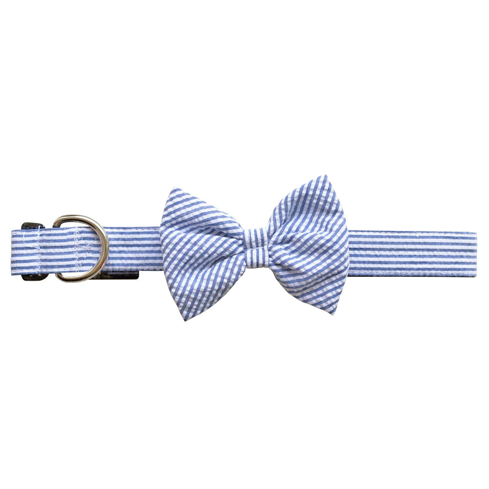 Navy Seersucker Bow Tie Dog Collar