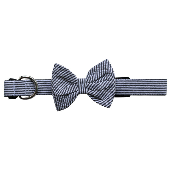 Black Seersucker Bow Tie Dog Collar