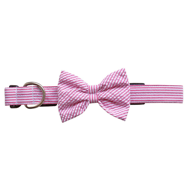 Pink Seersucker Bow Tie Dog Collar