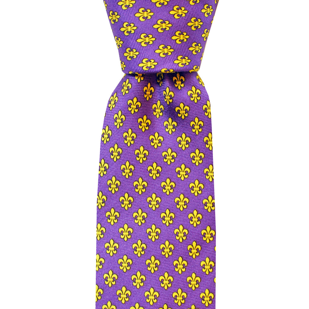 Purple & Gold Fleur de Lis Skinny Tie