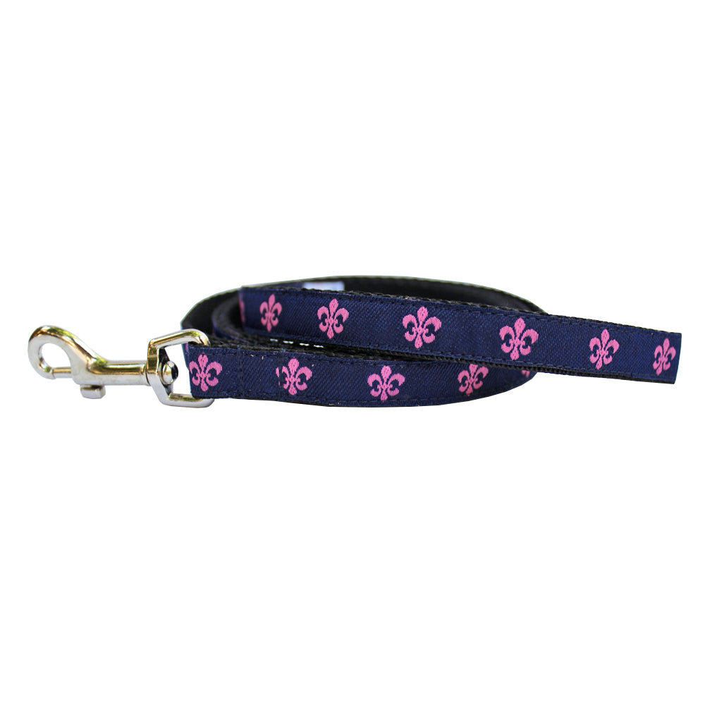 Navy & Pink Extra Small Fleur de Lis Dog Leash